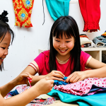 **A vibrant and creative upcycling workshop in Vietnam. Children are enthusiastically transforming old clothes and household items into new, unique objects, surrounded by colorful fabrics, recycled materials, and hand-made decorations.** (This captures the essence of upcycling for all ages and the "vui hoc, vui lam" (fun learning, fun doing) concept.)