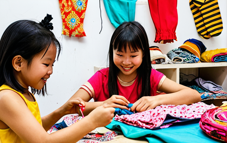 **A vibrant and creative upcycling workshop in Vietnam. Children are enthusiastically transforming old clothes and household items into new, unique objects, surrounded by colorful fabrics, recycled materials, and hand-made decorations.** (This captures the essence of upcycling for all ages and the "vui hoc, vui lam" (fun learning, fun doing) concept.)