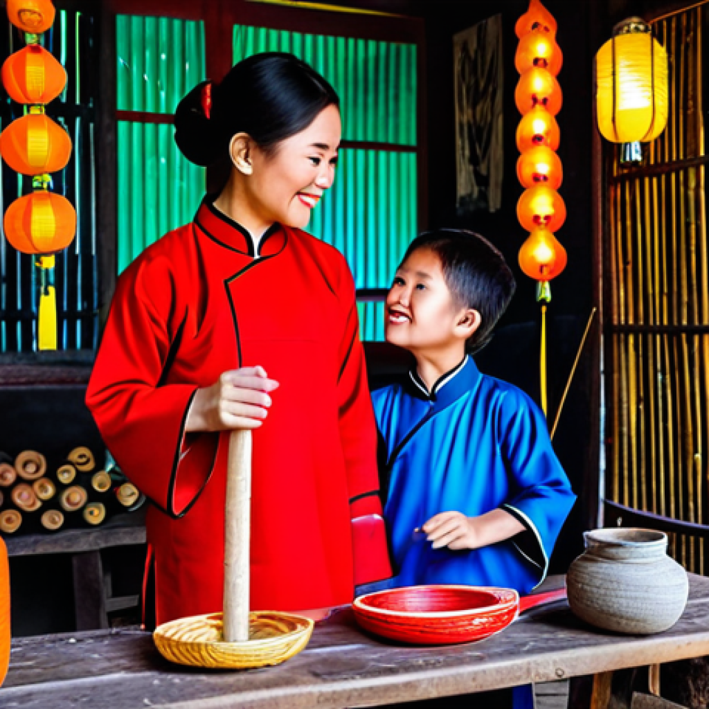 **Upcycled Lantern Workshop:** "A brightly lit workshop in Hoi An, Vietnam, featuring local artisans and children creating colorful lanterns from recycled silk and bamboo. Fully clothed in traditional Ao Dai and casual attire. Safe for work, appropriate content, professional photography, perfect anatomy, natural pose, family-friendly, high quality."