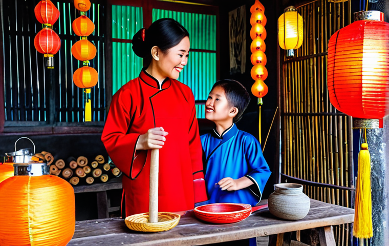 **Upcycled Lantern Workshop:** "A brightly lit workshop in Hoi An, Vietnam, featuring local artisans and children creating colorful lanterns from recycled silk and bamboo. Fully clothed in traditional Ao Dai and casual attire. Safe for work, appropriate content, professional photography, perfect anatomy, natural pose, family-friendly, high quality."