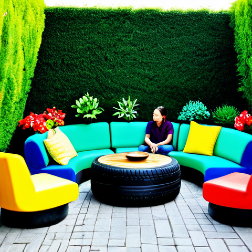 업사이클링 제품의 혁신적인 디자인 사례 - Upcycled Tire Furniture**

"A cozy outdoor patio scene featuring repurposed tires transformed into c...