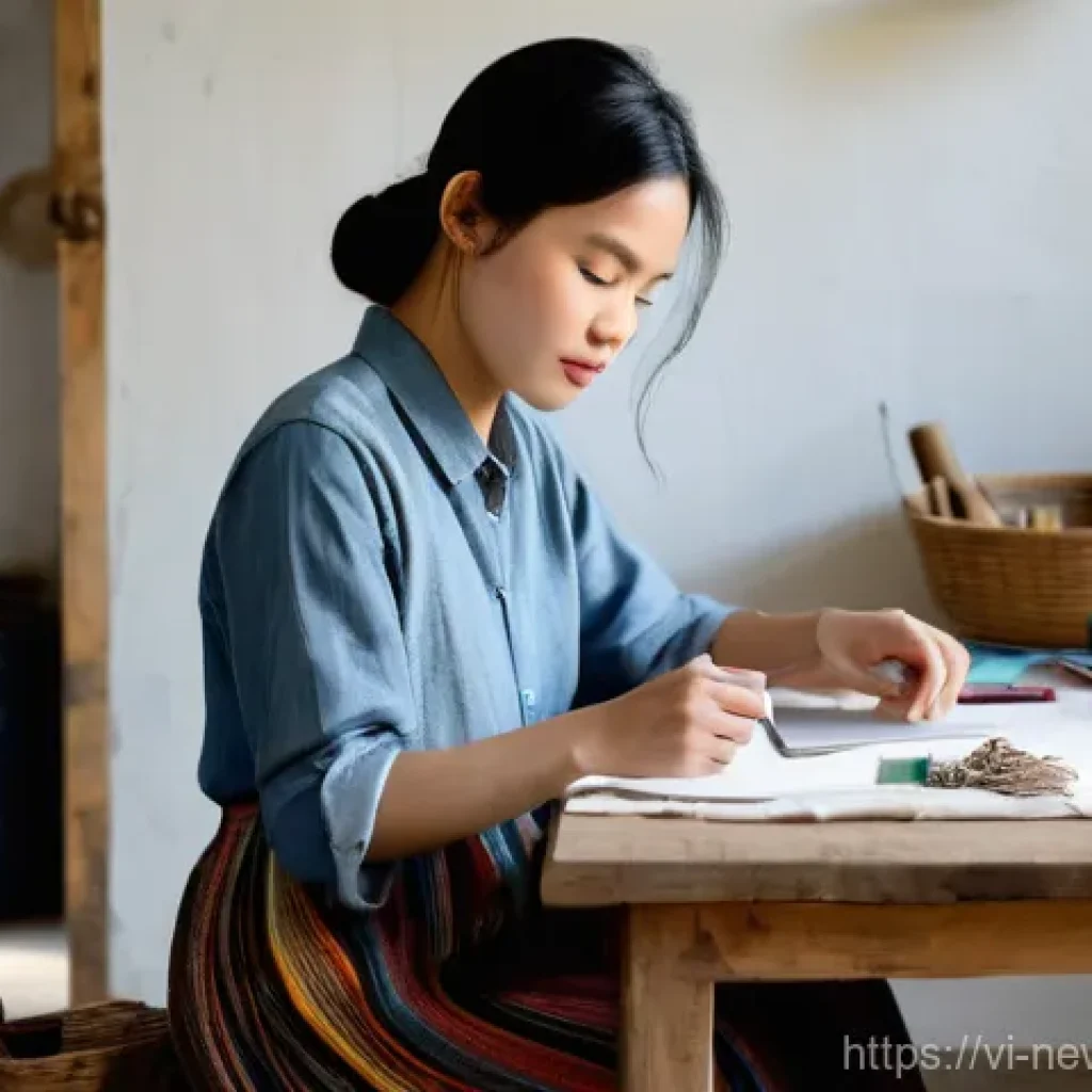 업사이클링 스타트업의 브랜드 아이덴티티 구축 - **Prompt: "A Vietnamese female artisan, in her late 20s, with a gentle and focused expression, is se...
