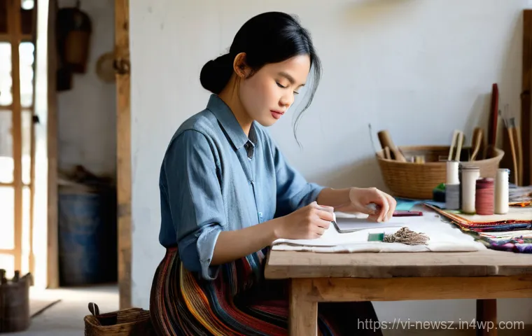 업사이클링 스타트업의 브랜드 아이덴티티 구축 - **Prompt: "A Vietnamese female artisan, in her late 20s, with a gentle and focused expression, is se...