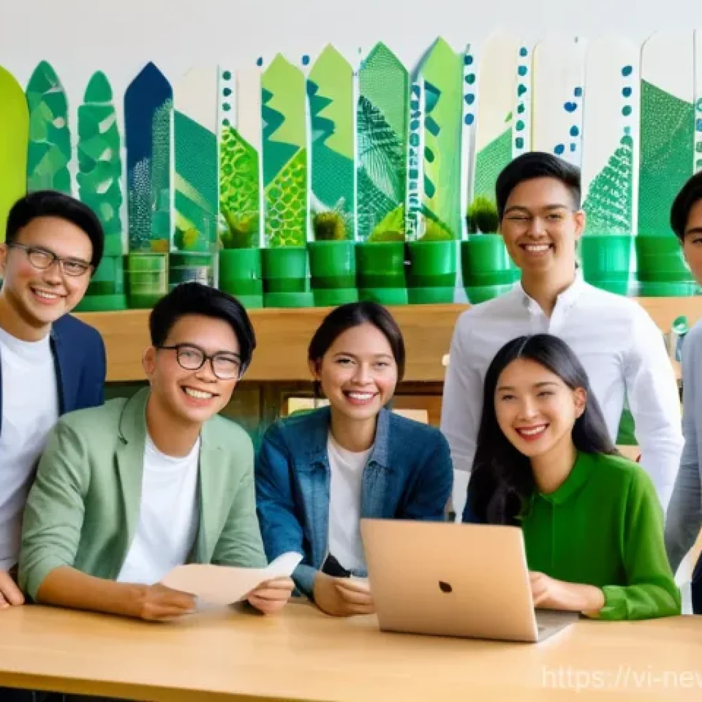 업사이클링 스타트업의 성공적인 팀워크 구축 - **Prompt:** A dynamic and diverse group of young Vietnamese entrepreneurs, both male and female, in ...