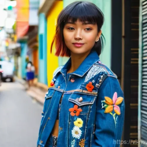 업사이클링 스타트업에서의 협업 사례 - **Upcycled Denim Fashion Statement:**
    A stylish young woman, approximately 20-25 years old, with...