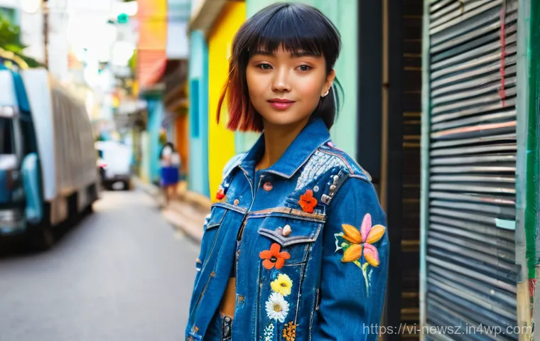 업사이클링 스타트업에서의 협업 사례 - **Upcycled Denim Fashion Statement:**
    A stylish young woman, approximately 20-25 years old, with...