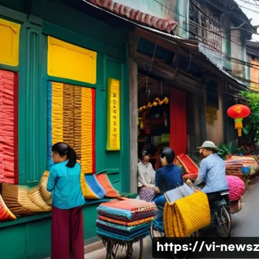 업사이클링 스타트업의 성공적인 브랜드 구축 방법 - A vibrant Hanoi street scene featuring a small upcycling startup workshop where skilled artisans tra...