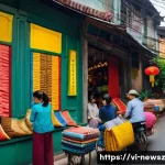 업사이클링 스타트업의 성공적인 브랜드 구축 방법 - A vibrant Hanoi street scene featuring a small upcycling startup workshop where skilled artisans tra...