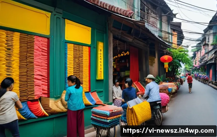 업사이클링 스타트업의 성공적인 브랜드 구축 방법 - A vibrant Hanoi street scene featuring a small upcycling startup workshop where skilled artisans tra...
