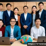업사이클링 스타트업의 글로벌 파트너십 구축 - A vibrant scene of a Vietnamese upcycling startup team collaborating virtually with European partner...