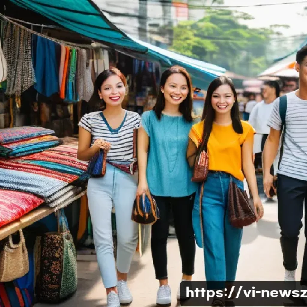 업사이클링 스타트업의 브랜드 차별성 구축 방법 - A vibrant urban scene featuring young Vietnamese adults shopping at a trendy upcycling market in Ho ...