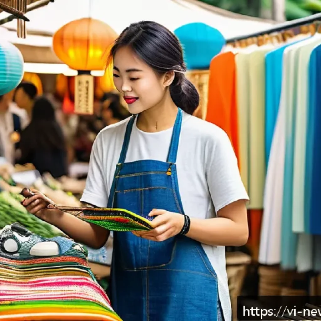 업사이클링 제품의 판매 전략 최적화 - A vibrant Vietnamese young adult market scene featuring diverse customers aged 18-35 shopping for up...