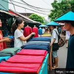 Home 19 업사이클링 제품의 소비자 수요 분석 - A vibrant street market scene in Ho Chi Minh City featuring young Vietnamese adults shopping for uni...