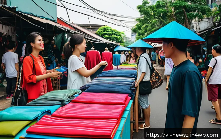 업사이클링 제품의 소비자 수요 분석 - A vibrant street market scene in Ho Chi Minh City featuring young Vietnamese adults shopping for uni...