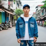 Home 18 업사이클링 제품의 스타일링 팁 - A trendy Vietnamese streetwear outfit featuring a young adult wearing a recycled denim jacket paired...