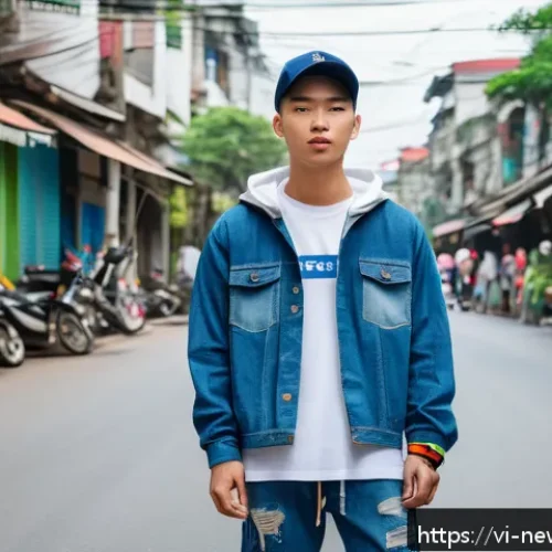 Home 30 업사이클링 제품의 스타일링 팁 - A trendy Vietnamese streetwear outfit featuring a young adult wearing a recycled denim jacket paired...