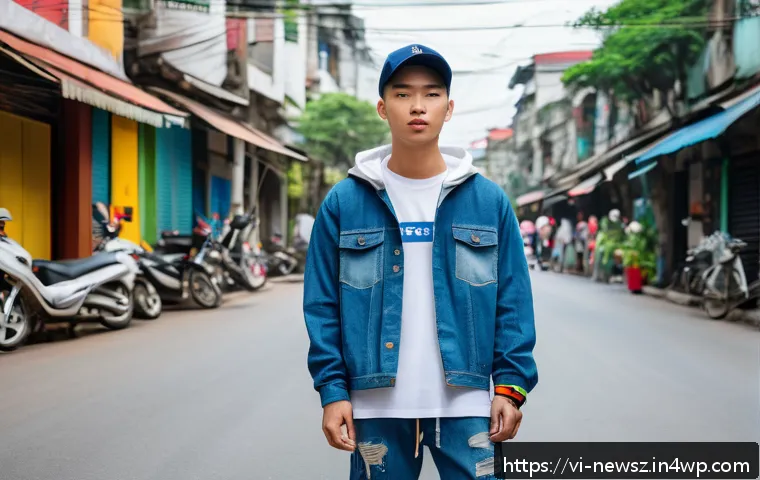 업사이클링 제품의 스타일링 팁 - A trendy Vietnamese streetwear outfit featuring a young adult wearing a recycled denim jacket paired...