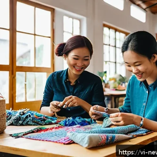 Home 17 업사이클링 스타트업의 고객 맞춤형 마케팅 - A vibrant Vietnamese upcycling workshop scene featuring diverse young adults and middle-aged partici...