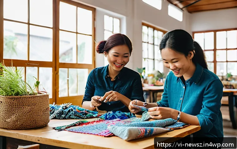 업사이클링 스타트업의 고객 맞춤형 마케팅 - A vibrant Vietnamese upcycling workshop scene featuring diverse young adults and middle-aged partici...