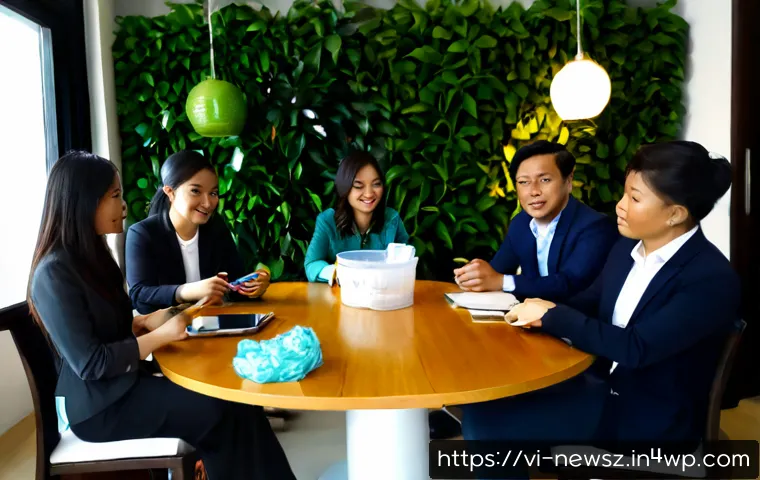 Home 17 업사이클링 스타트업과 협력 가능한 기업들 - Photorealistic partnership meeting in a modern Vietnamese circular-economy workspace, an upcycling s...